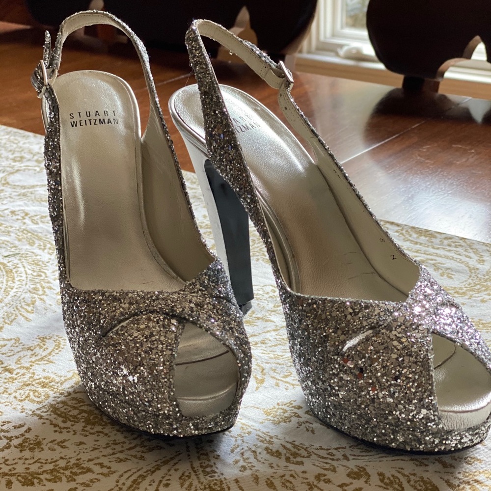 Stuart Weitzman Grace Silver Glitter formal heels